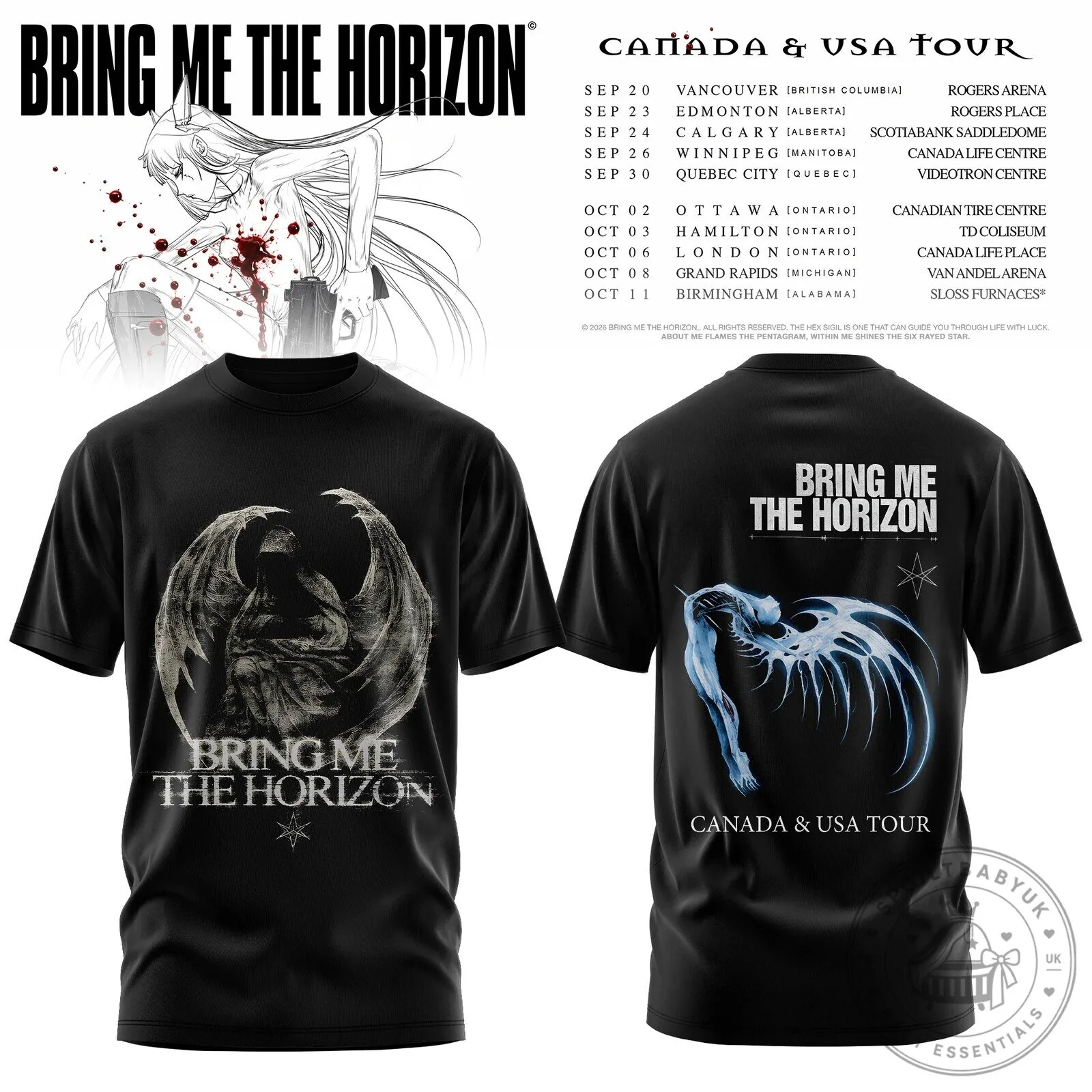 Bring Me The Horizon Canada and USA Tour Dates Black Band Music T-Shirt