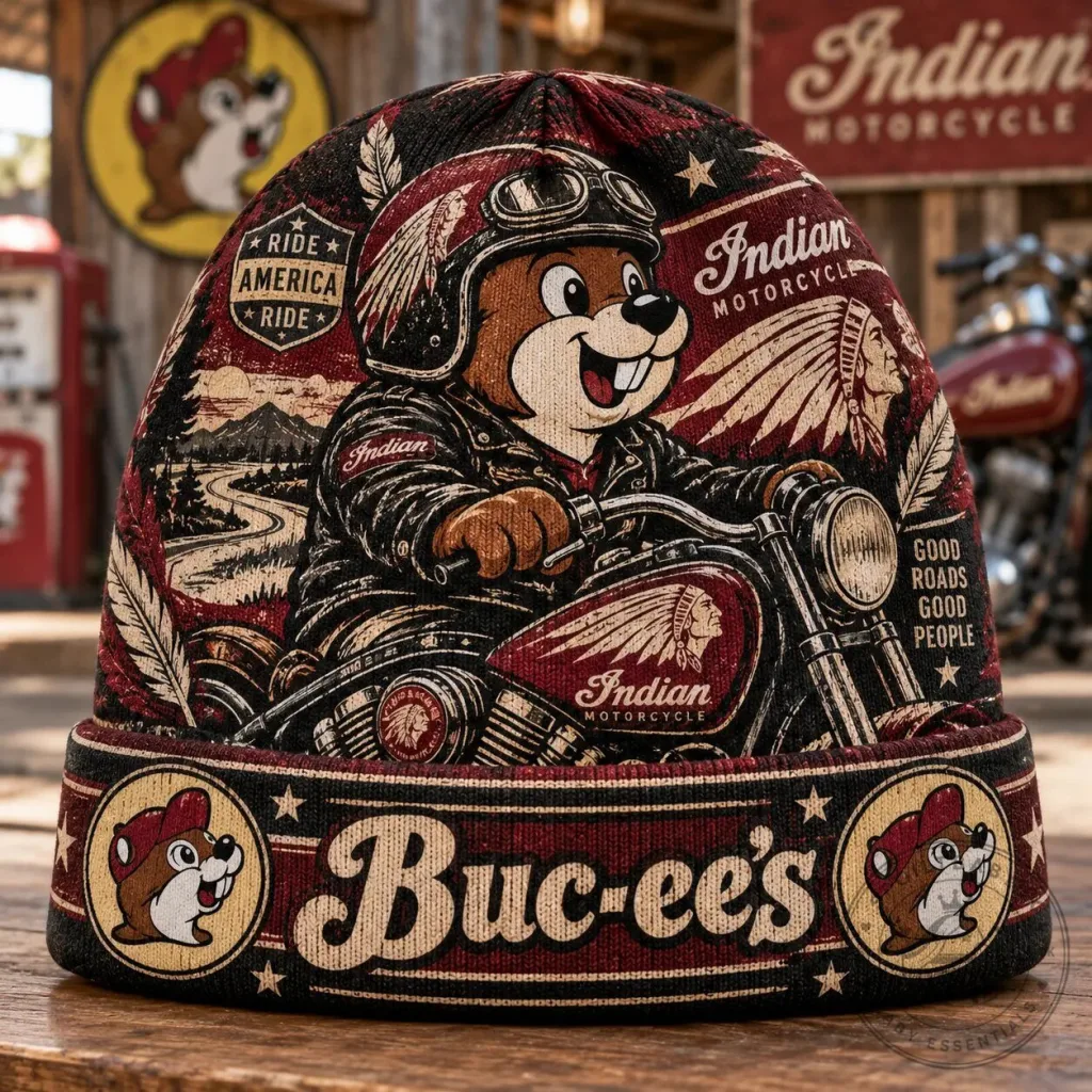 Buc-ee's Indian Motorcycle Beaver Burgundy Graphic Printed Beanie Buc-ee's Indian Motorcycle Beaver Burgundy Graphic Printed Beanie