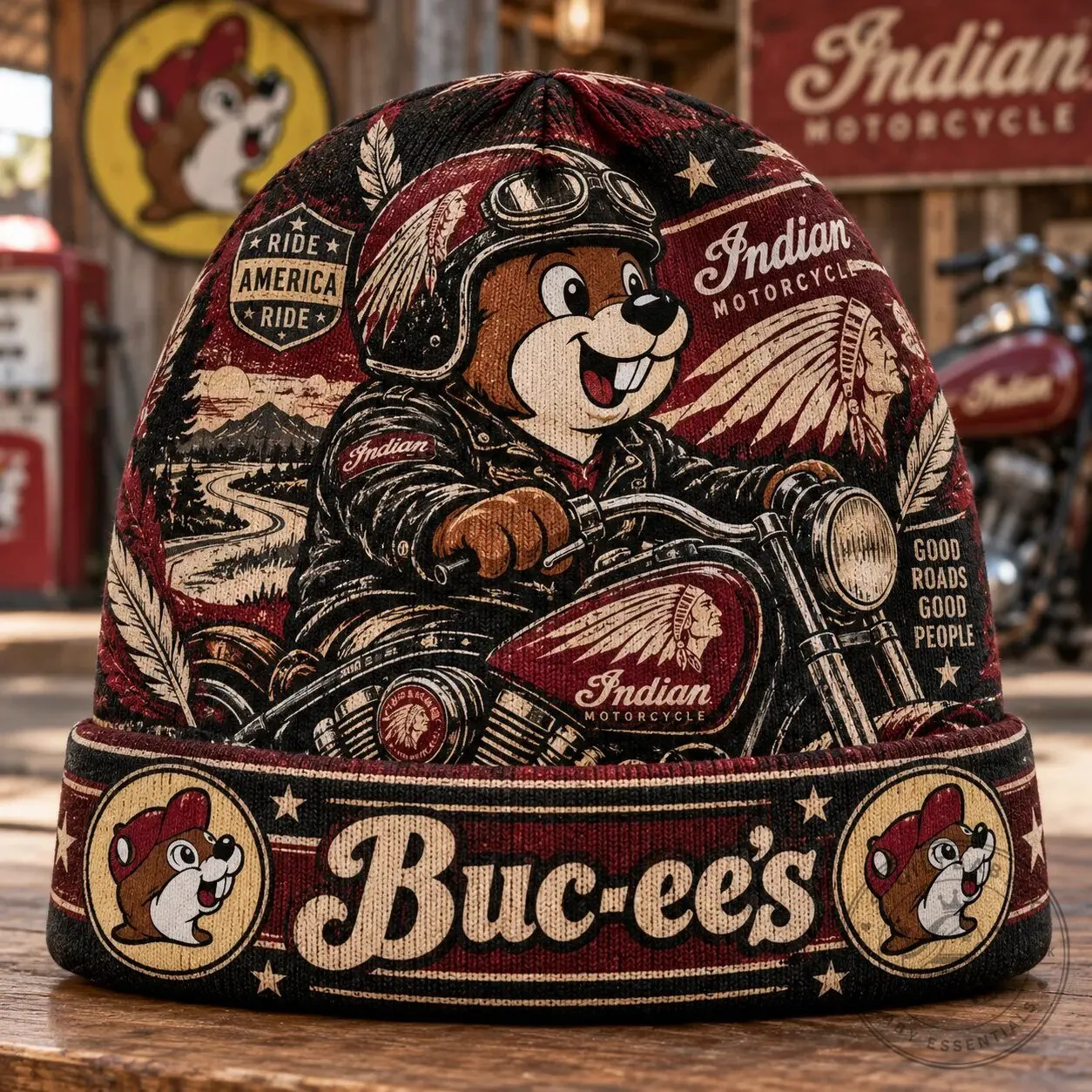 Buc-ee's Indian Motorcycle Beaver Burgundy Graphic Printed Beanie