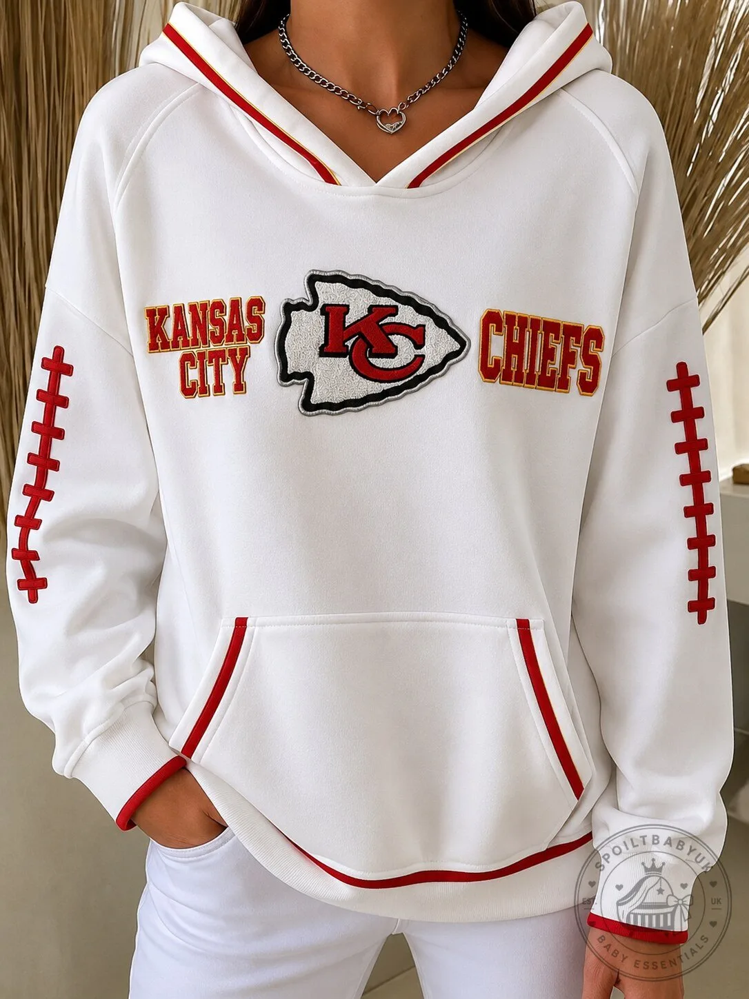 Kansas City Chiefs Football Team Embroidered White Hoodie for Women