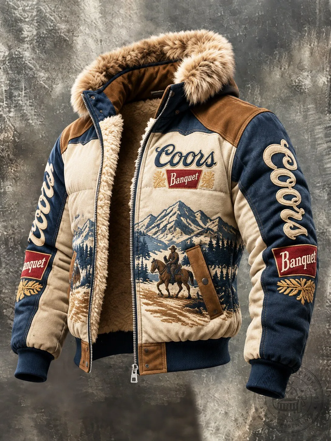 Coors Banquet Beer Western Mountain Horseman Faux Fur Hooded Jacket