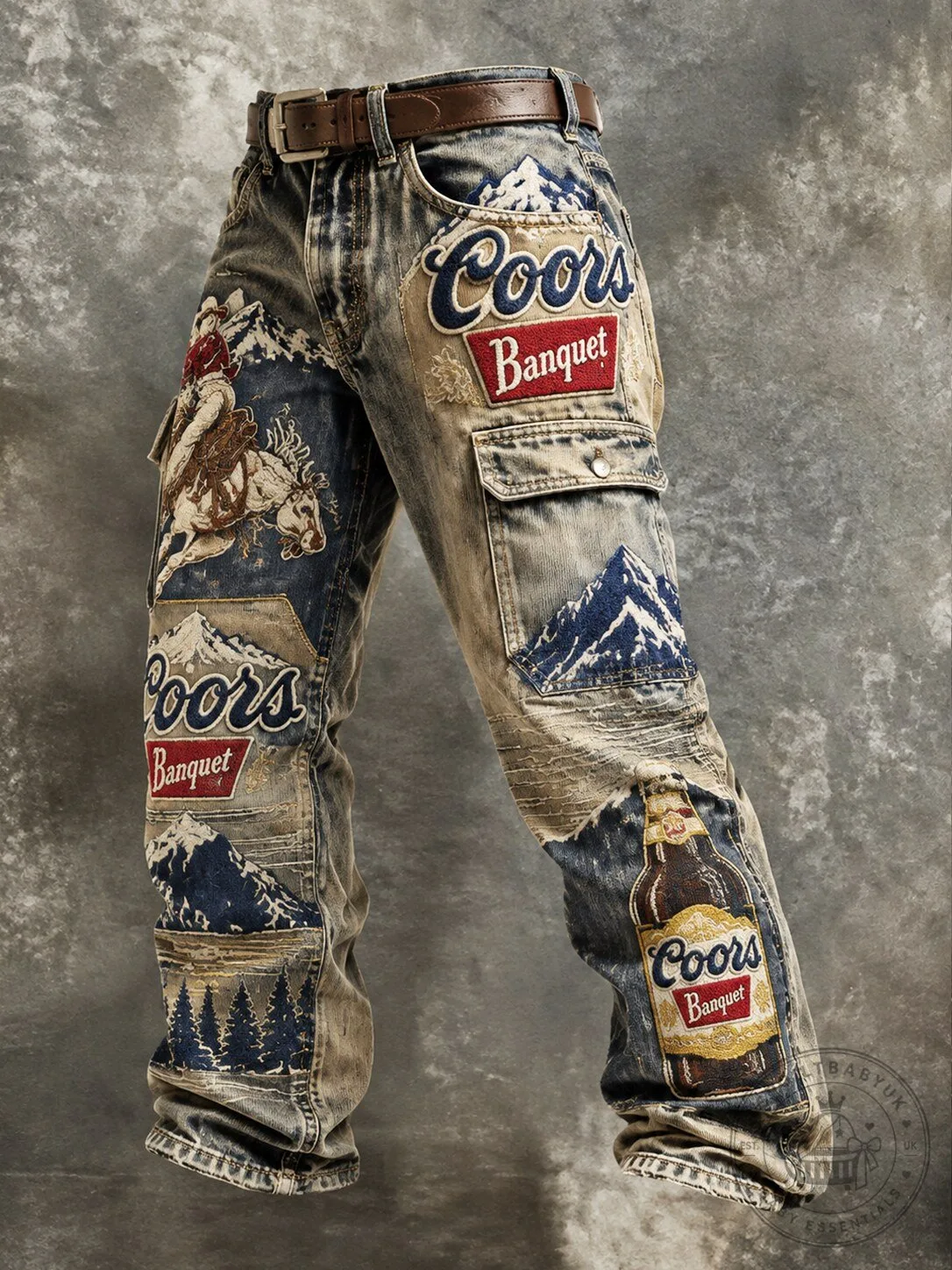 Coors Banquet Beer Vintage Western Cowboy Mountain Graphic Denim Pants