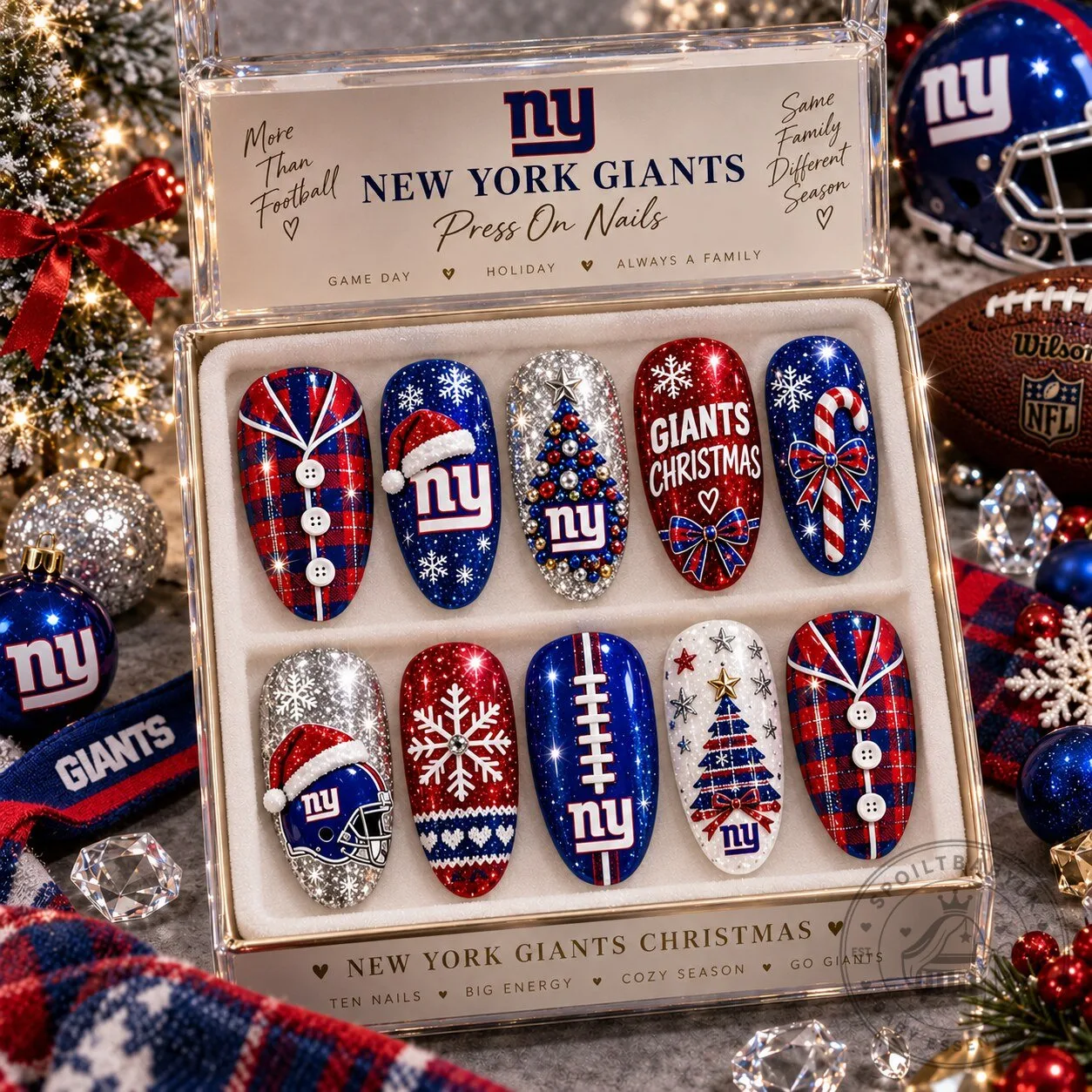 New York Giants Christmas Holiday Press-On Nails Set for Football Fans