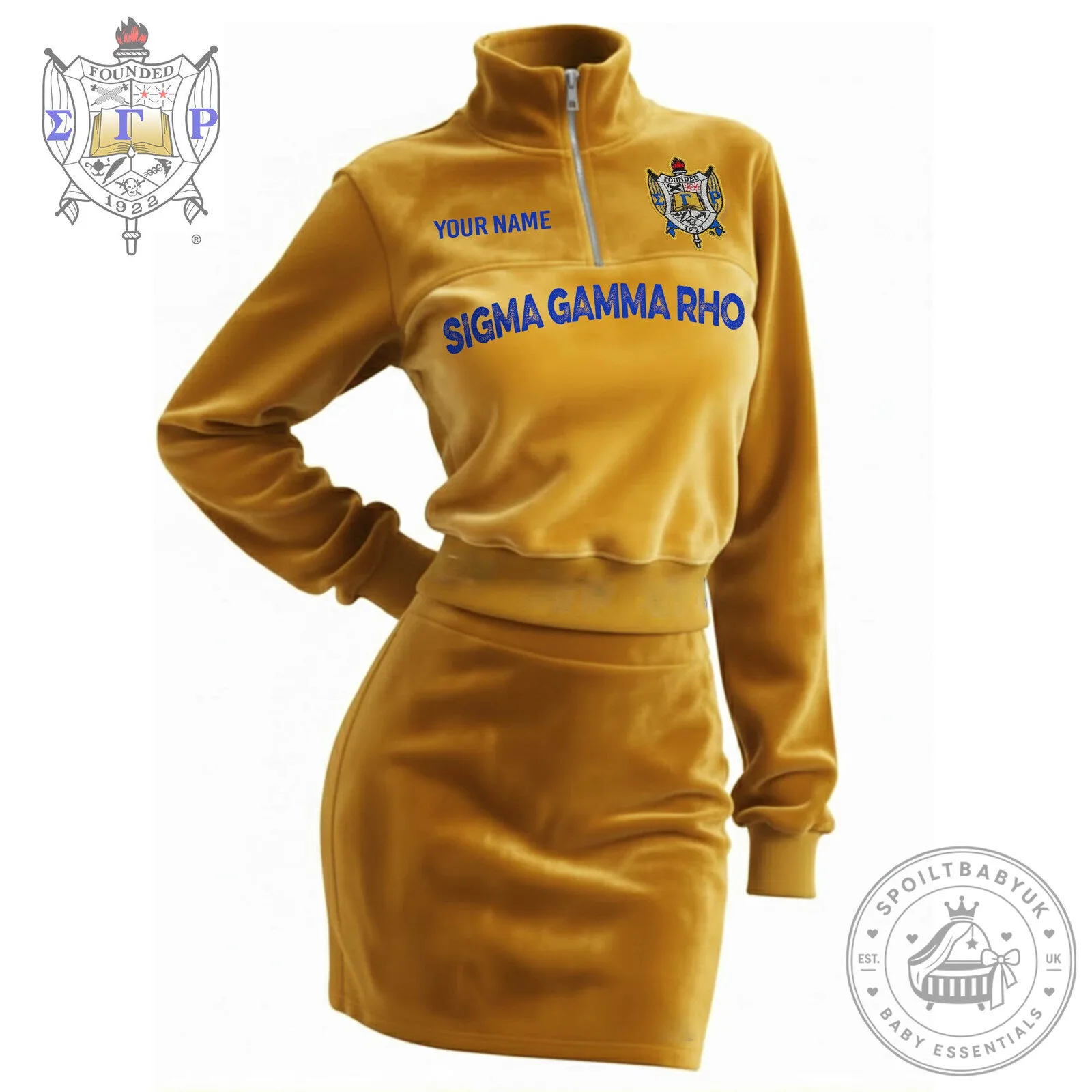 Sigma Gamma Rho Sorority Women's Gold Velour Quarter-Zip Pullover and Skirt Set