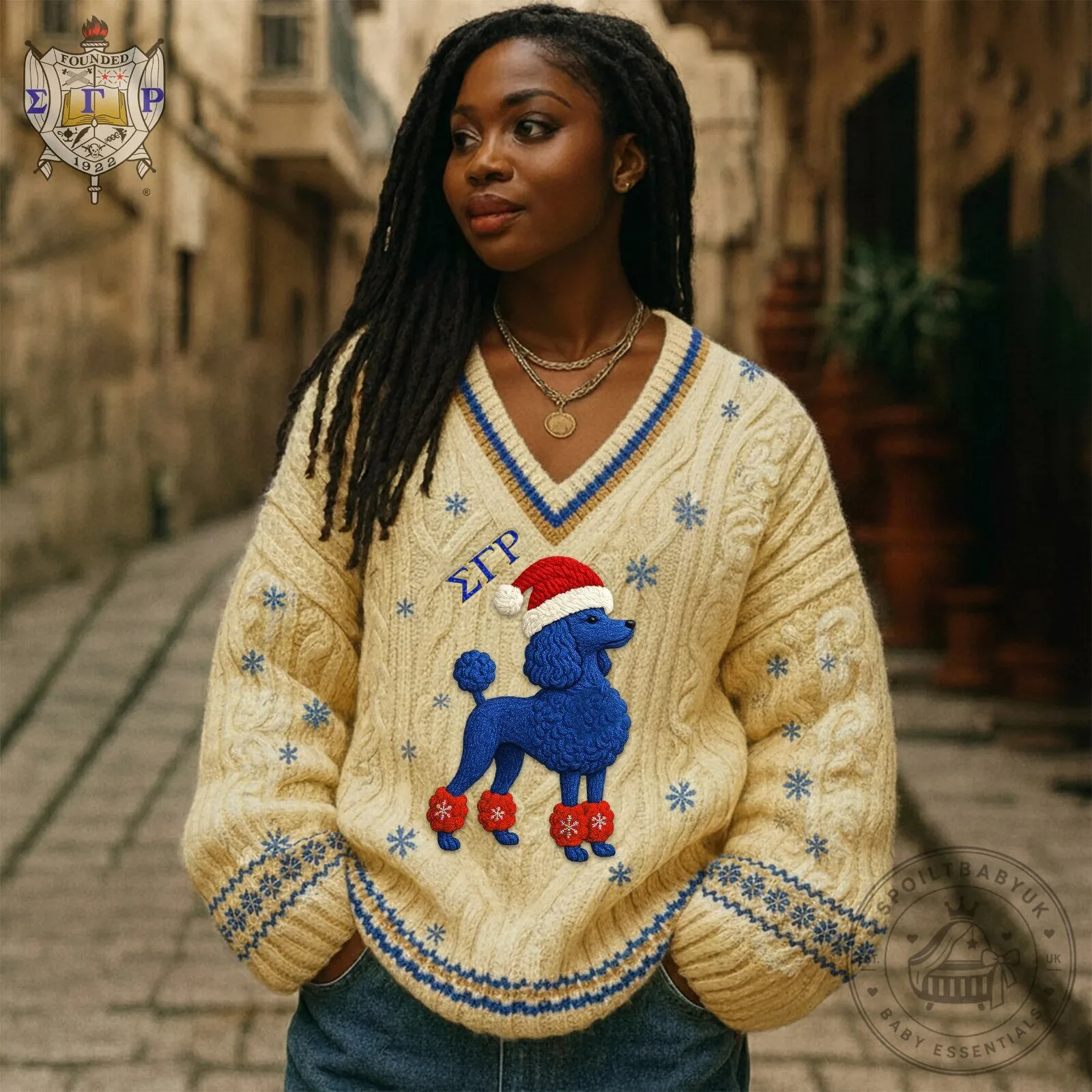 Sigma Gamma Rho Christmas Poodle V-Neck Cable Knit Sweater