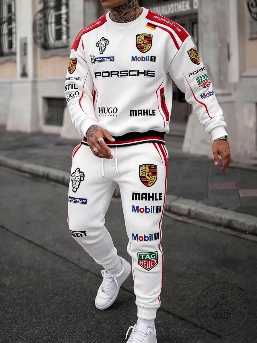 Porsche Racing Team Sponsor Logos White Pullover Sweatshirt and Jogger Pants Set