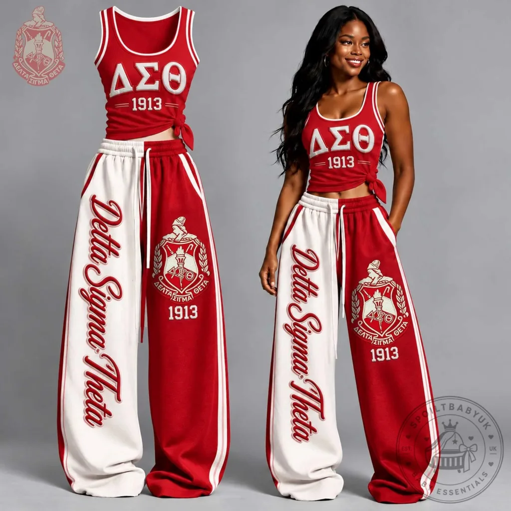 Red and White Pants Set with Tank Top for Delta Sigma Theta Sorority Members Red and White Pants Set with Tank Top for Delta Sigma Theta Sorority Members