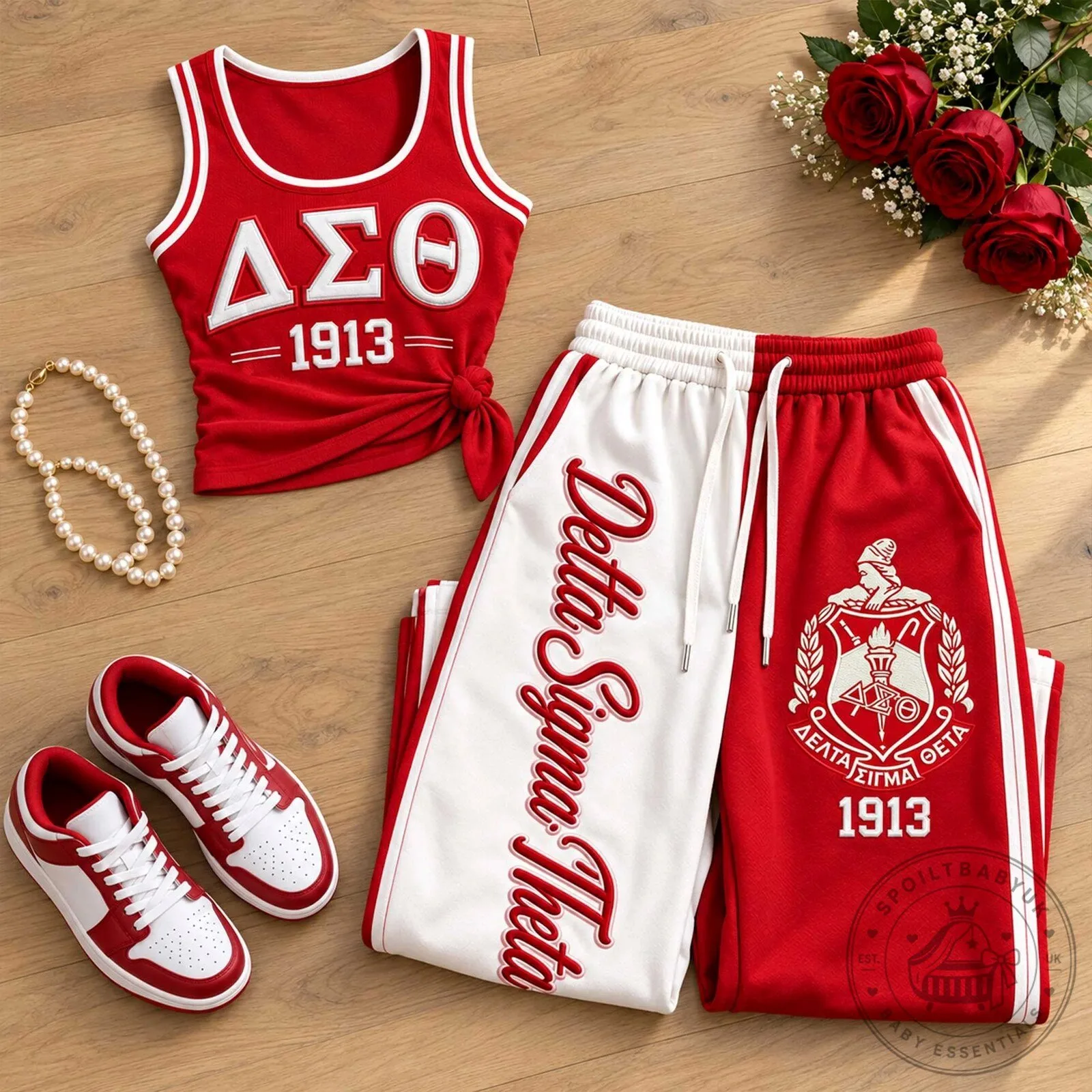 Red and White Pants Set with Tank Top for Delta Sigma Theta Sorority Members 8 Red and White Pants Set with Tank Top for Delta Sigma Theta Sorority Members