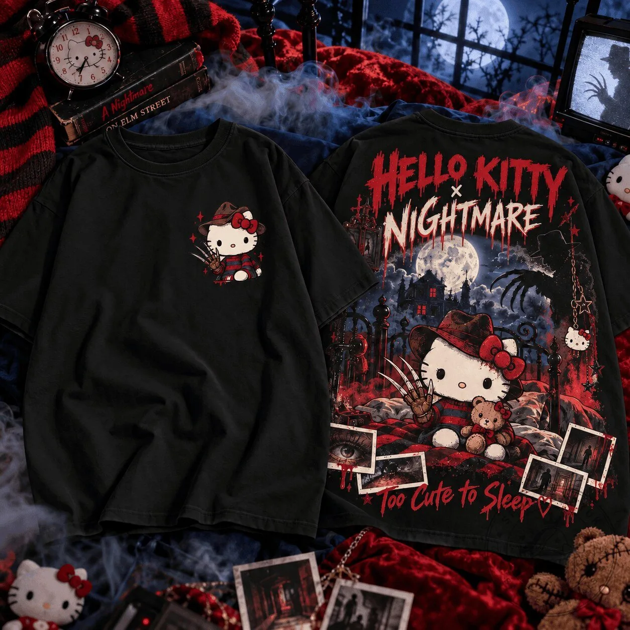 Hello Kitty Nightmare on Elm Street Too Cute To Sleep Horror T-Shirt 2 Hello Kitty Nightmare on Elm Street Too Cute To Sleep Horror T-Shirt