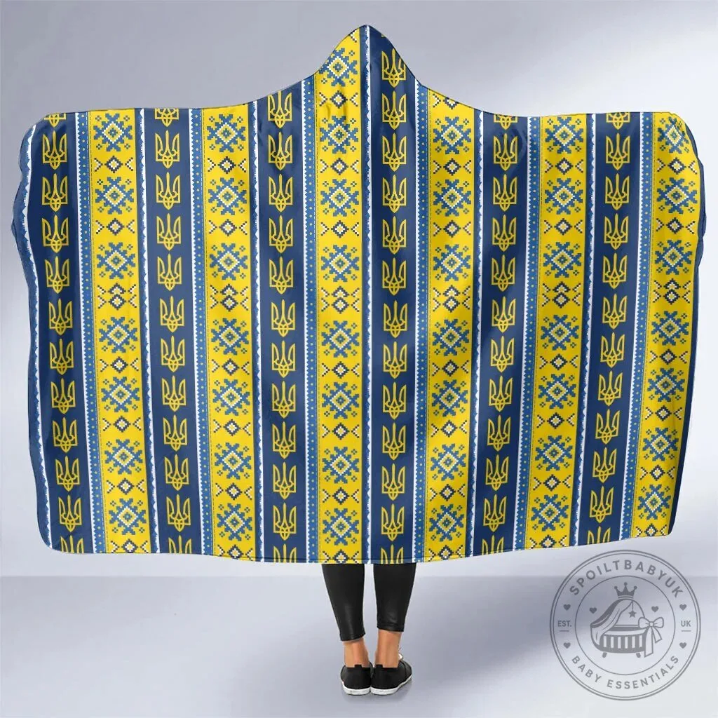 Ukrainian Trident Pattern Hooded Blanket with Blue and Yellow Stripes