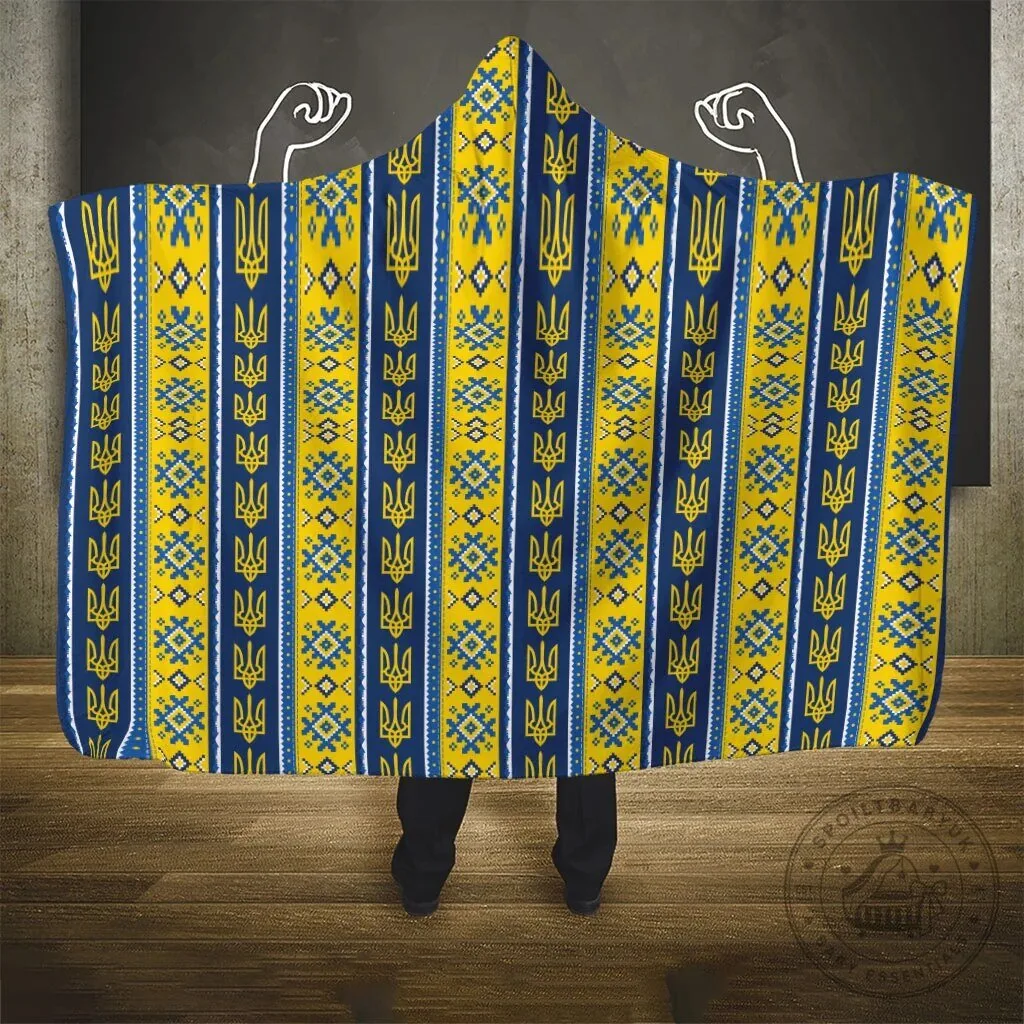 Ukrainian Trident Pattern Hooded Blanket with Blue and Yellow Stripes 8 Ukrainian Trident Pattern Hooded Blanket with Blue and Yellow Stripes