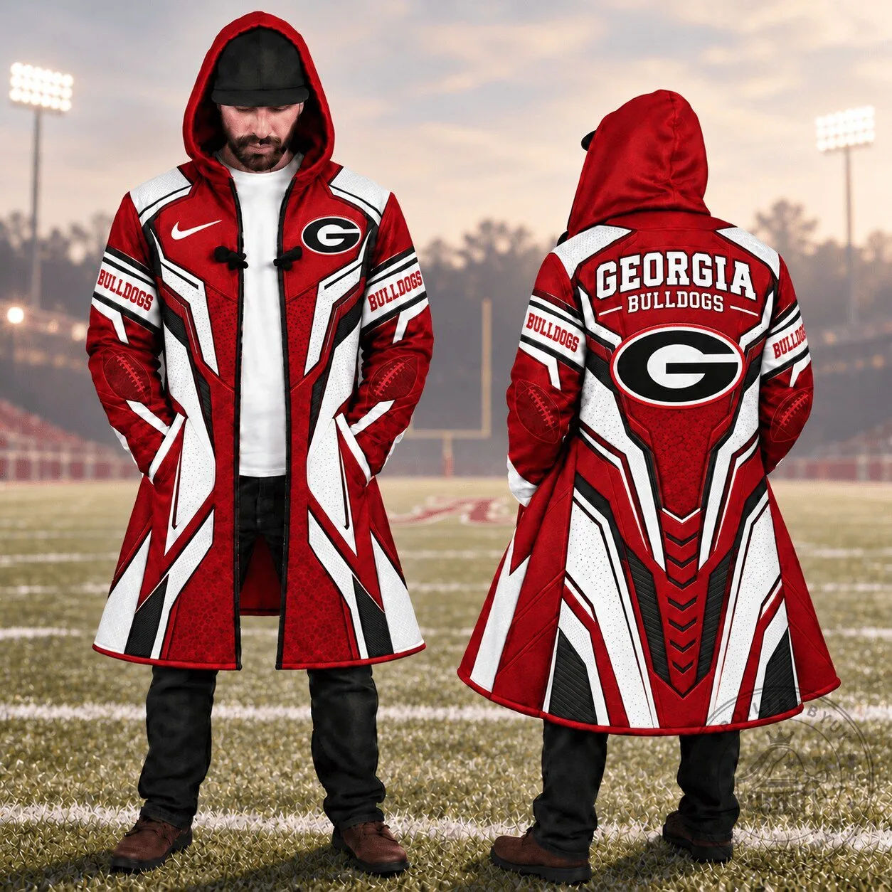 Georgia Bulldogs Football Team Red and White Fan Design Longline Hoodie Jacket 2 Georgia Bulldogs Football Team Red and White Fan Design Longline Hoodie Jacket