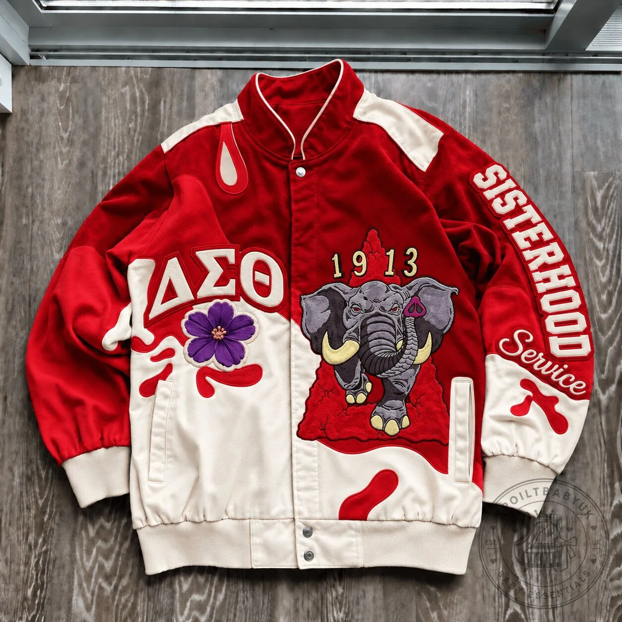 Delta Sigma Theta Sorority Sisterhood Service Red and White Varsity Jacket