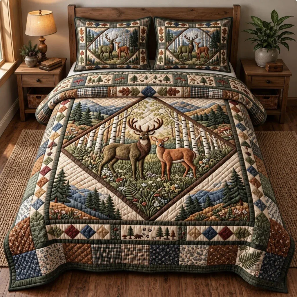 Rustic Deer Forest Landscape Quilted Bedding Set with Pillow Shams Rustic Deer Forest Landscape Quilted Bedding Set with Pillow Shams
