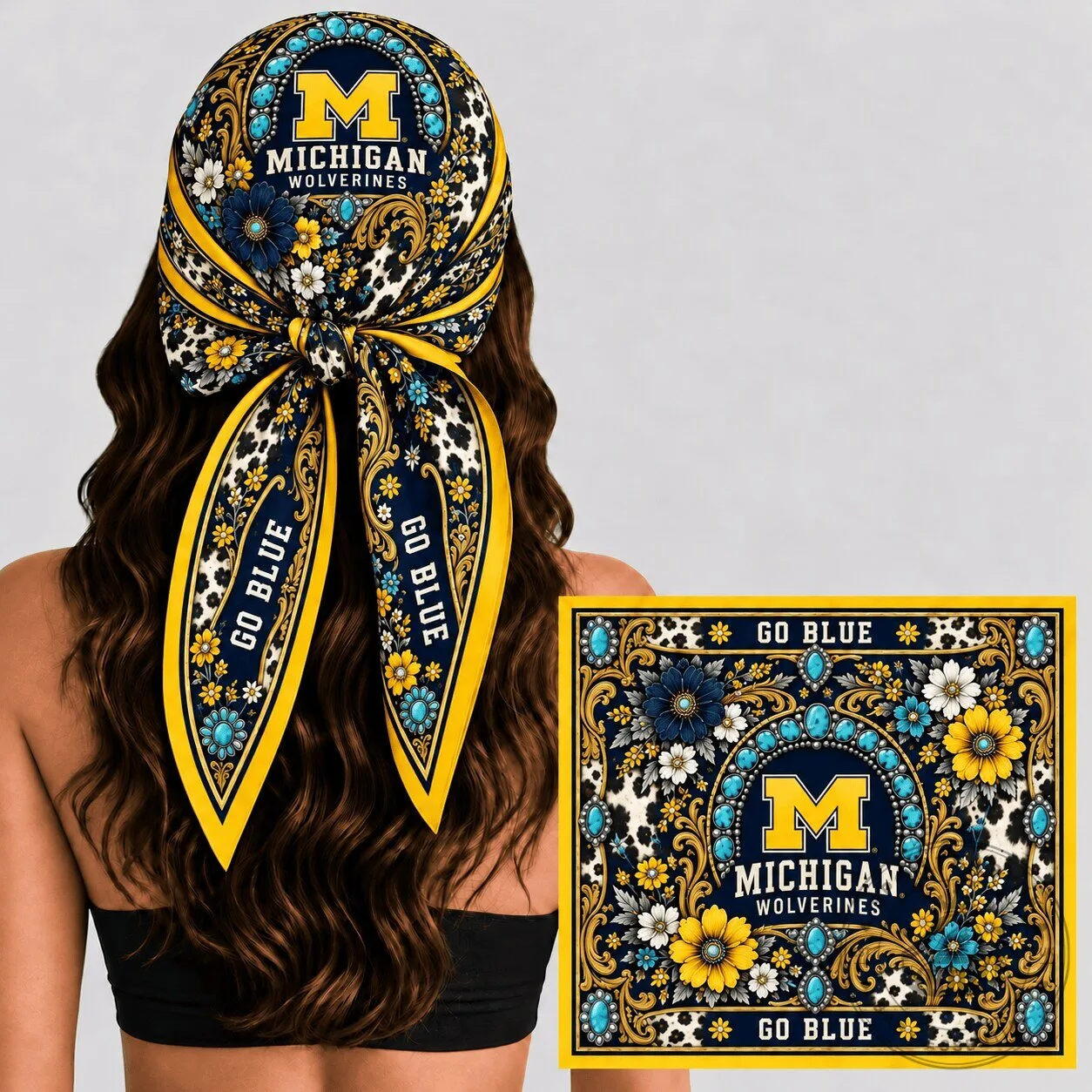 Michigan Wolverines Western Boho Floral Silk Scarf