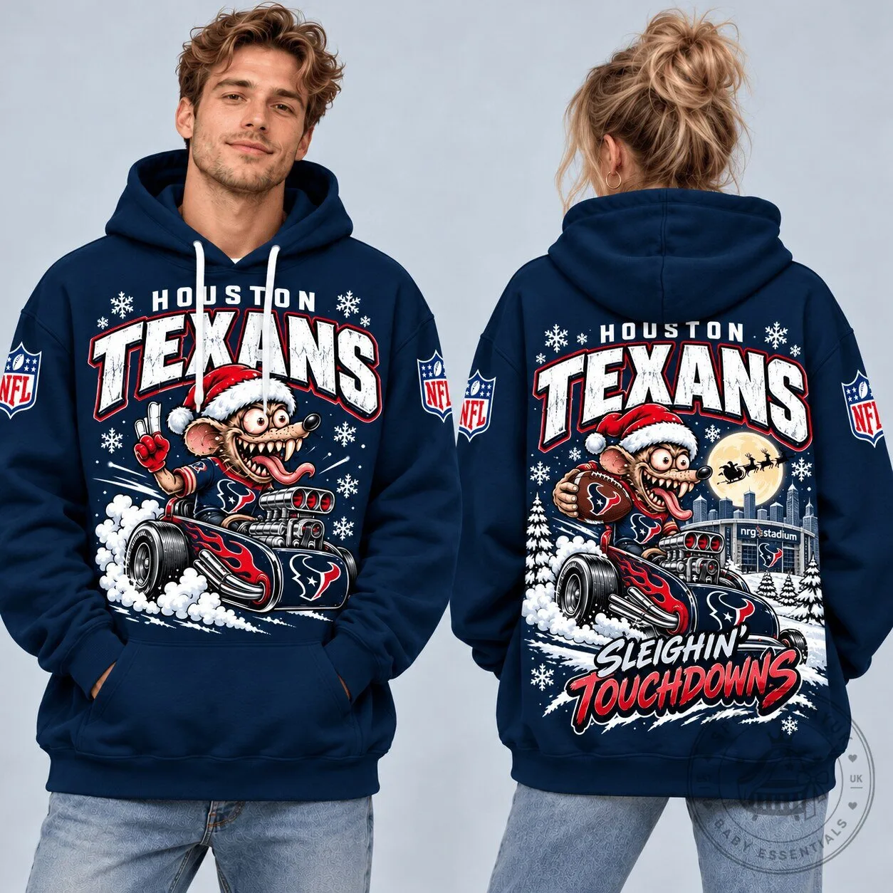 Houston Texans NFL Christmas Rat Fink Sleighin Touchdowns Hoodie