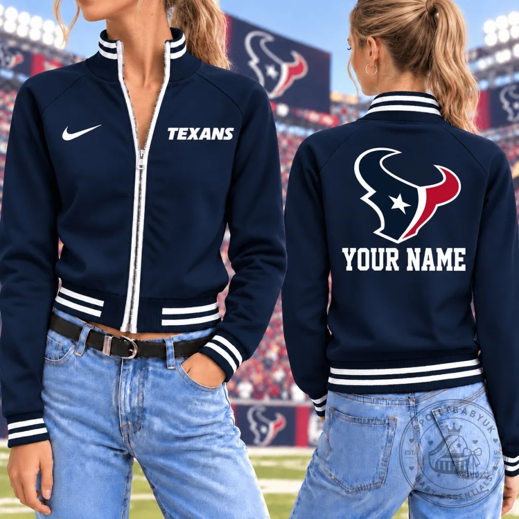 Houston Texans Custom Name and Number Navy Blue Full Zip Bomber Jacket Houston Texans Custom Name and Number Navy Blue Full Zip Bomber Jacket