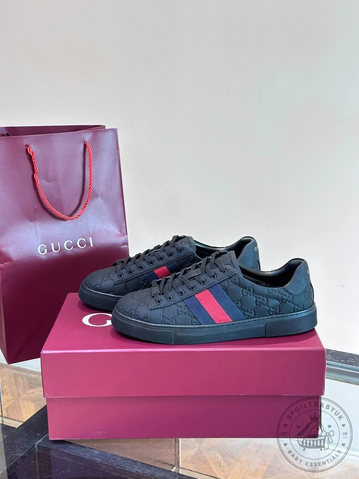 Gucci Black Monogram Stripe Ace Sneakers for Men and Women
