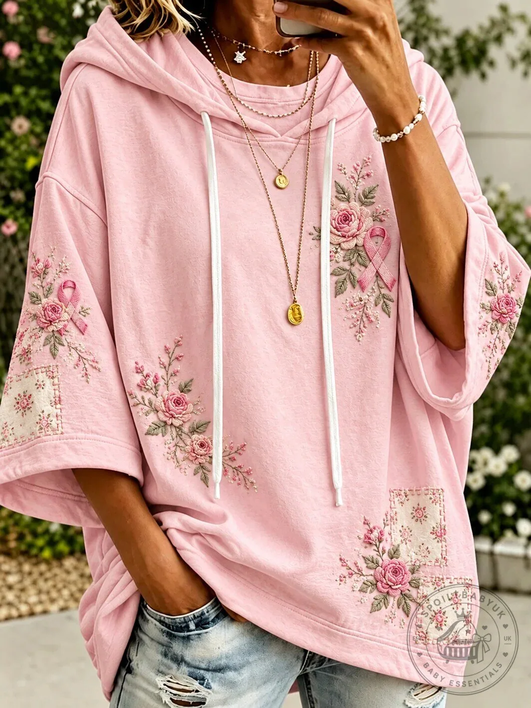 Pink Rose and Breast Cancer Awareness Ribbon Floral Embroidered Pullover Hoodie