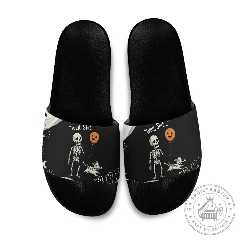 Funny Skeleton Dog Halloween Pumpkin Slide Sandals Spooky Gothic Cartoon Quote Dark Humor Art