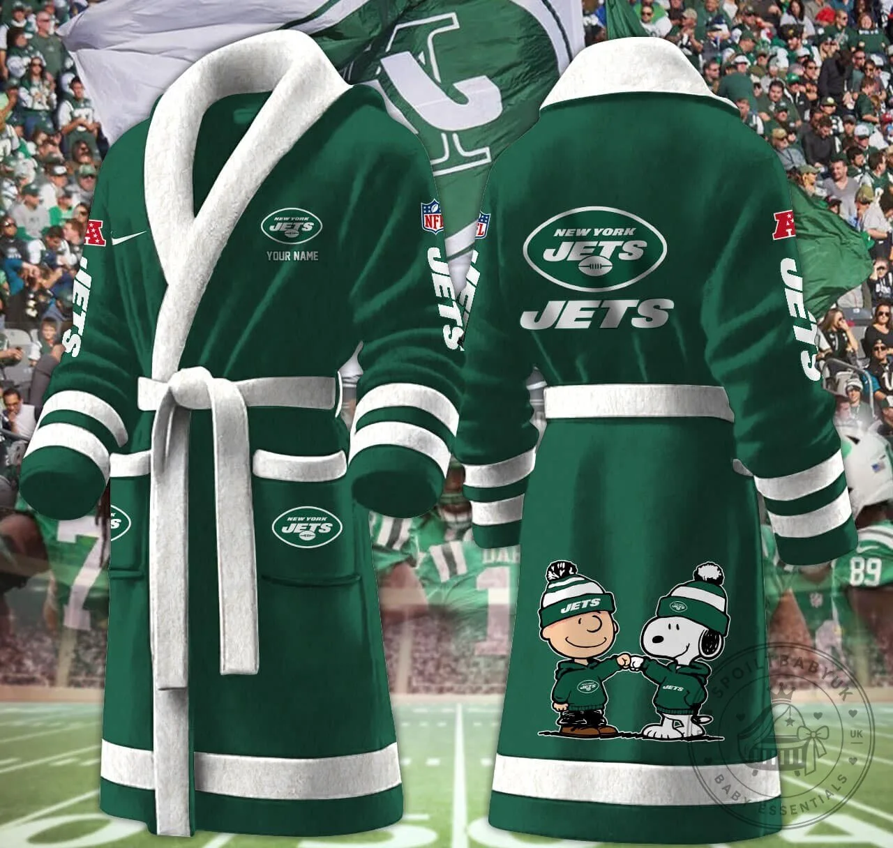 New York Jets Snoopy and Woodstock Football Team Fan Bathrobe