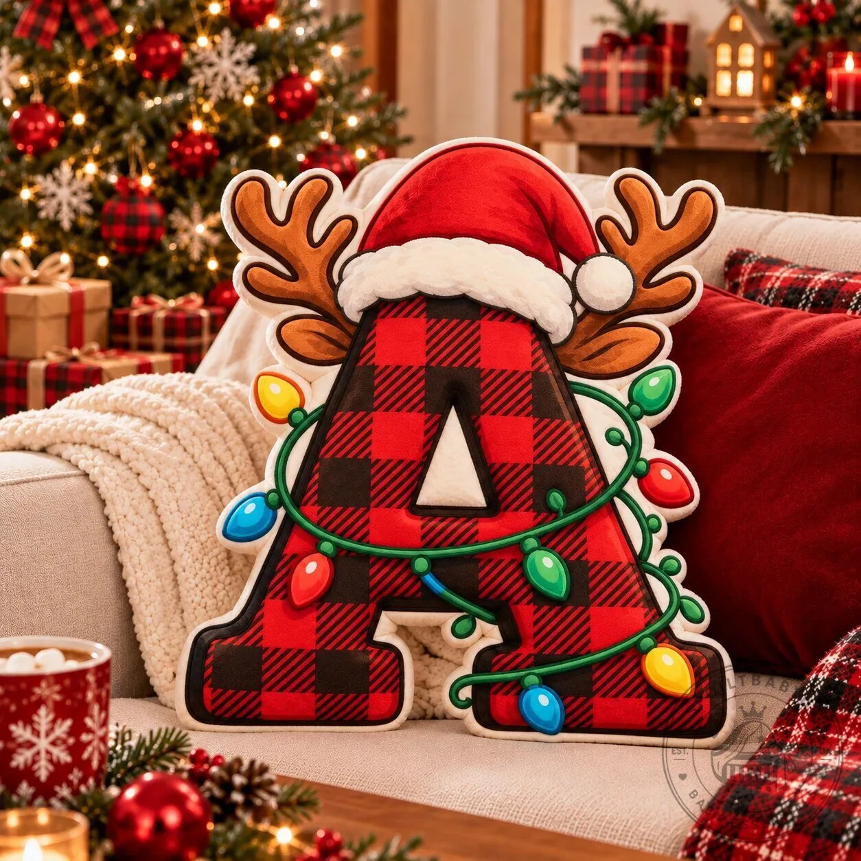 Christmas Initial Letter A Plaid Pattern Holiday Pillow