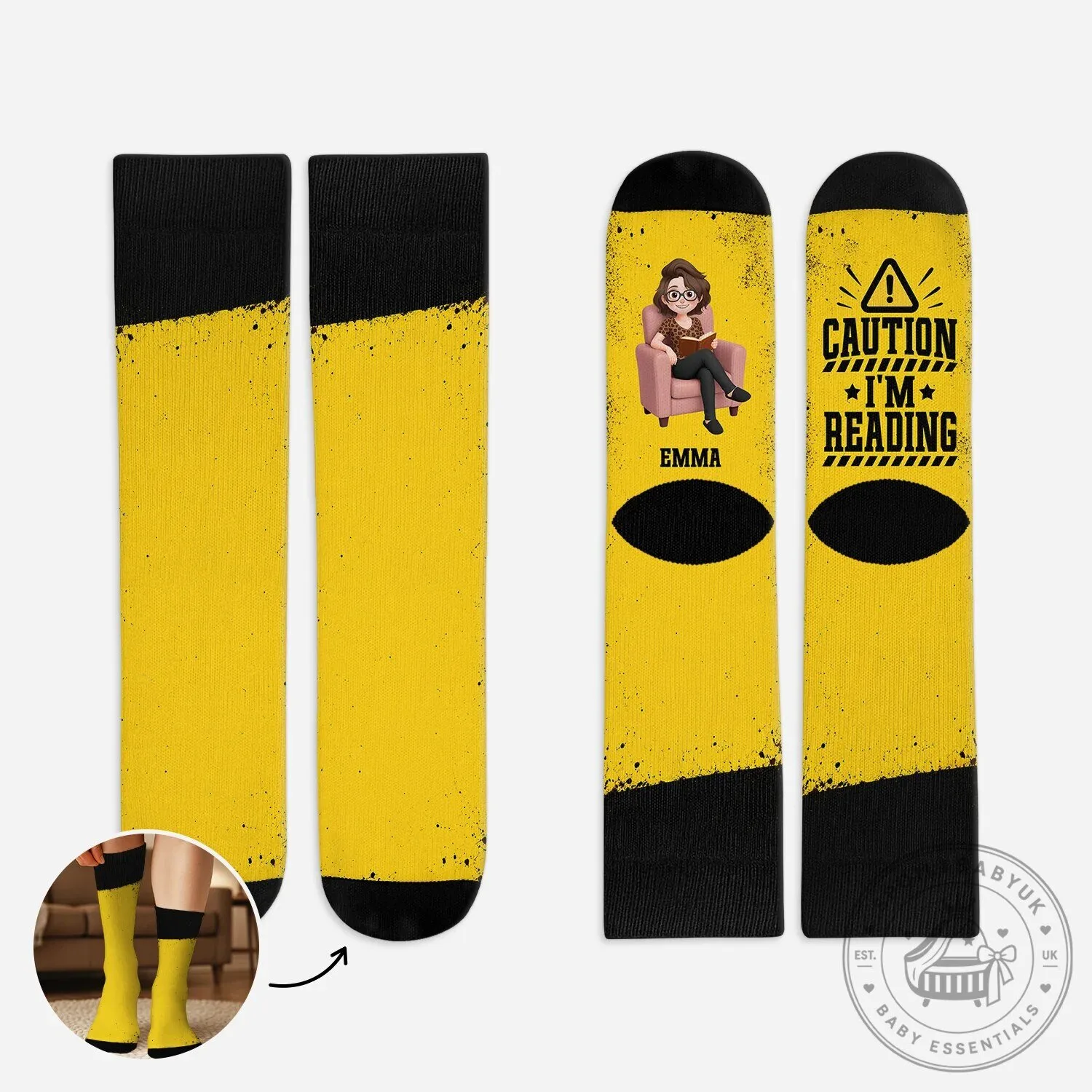 Personalized Caution I'm Reading Custom Name Book Lover Yellow Socks 5 Personalized Caution I