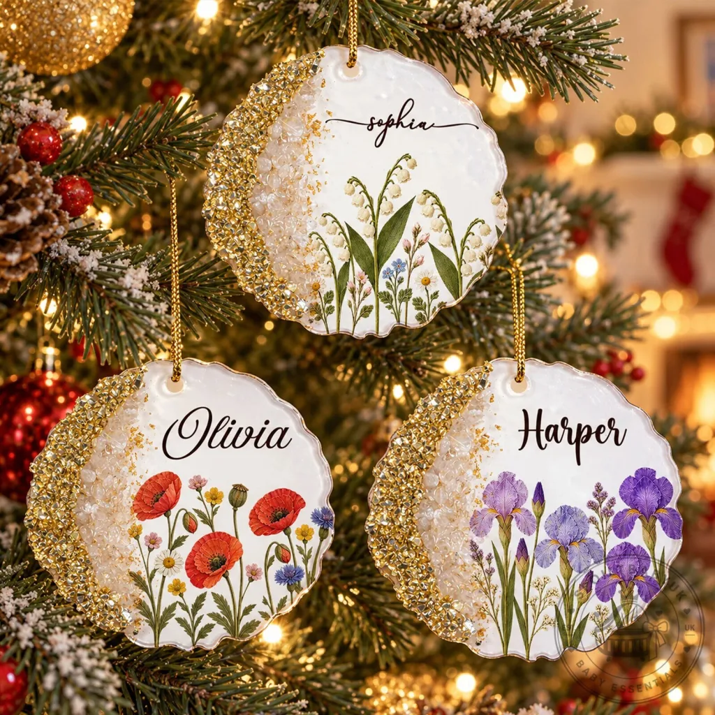 Personalized Birth Month Flower Glitter Name Christmas Tree Ornament Personalized Birth Month Flower Glitter Name Christmas Tree Ornament