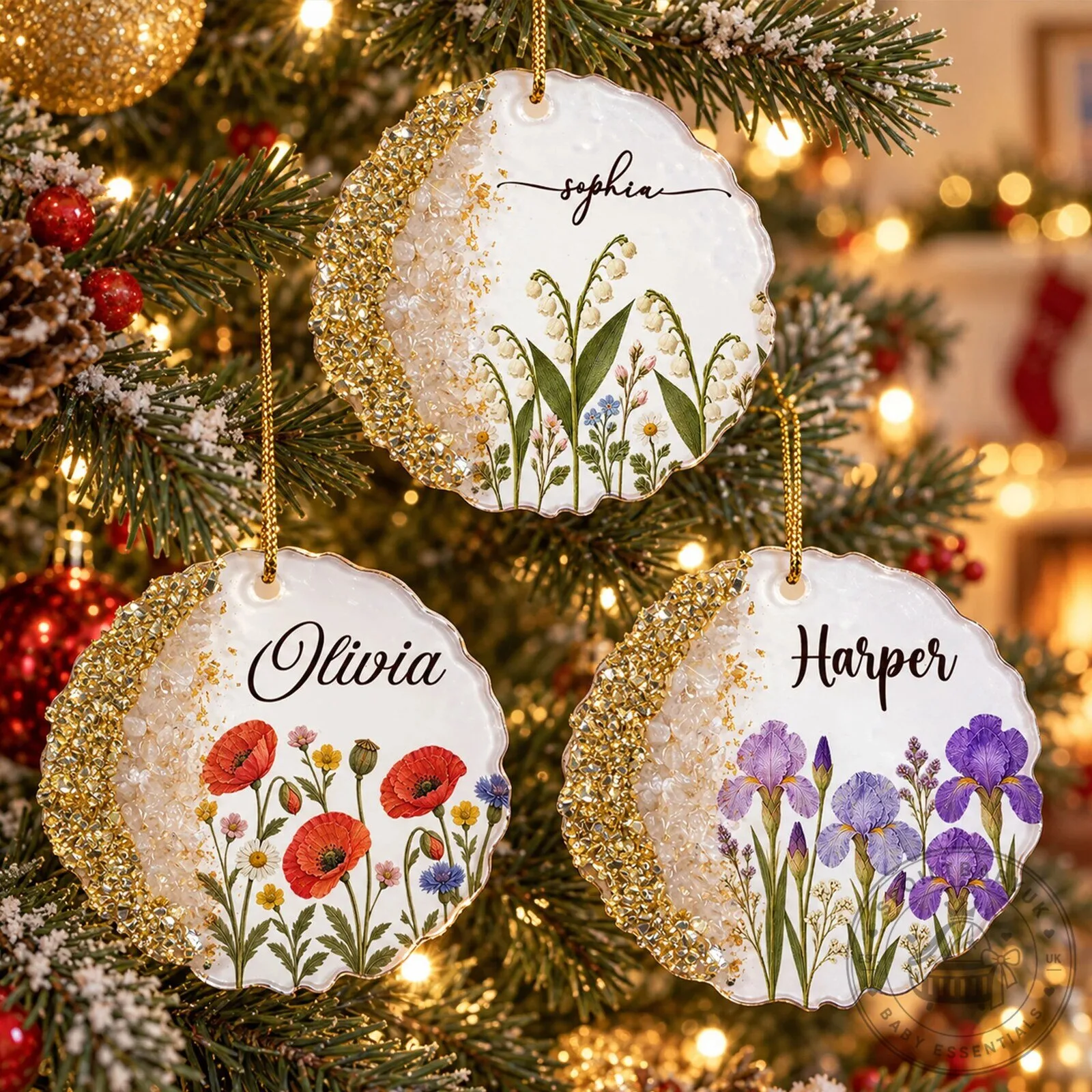 Personalized Birth Month Flower Glitter Name Christmas Tree Ornament