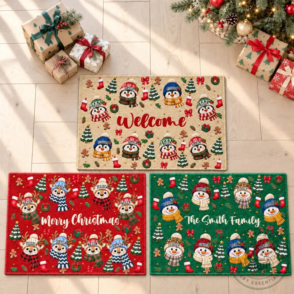 Personalized Christmas Snowman Penguin Reindeer Family Welcome Doormat Personalized Christmas Snowman Penguin Reindeer Family Welcome Doormat