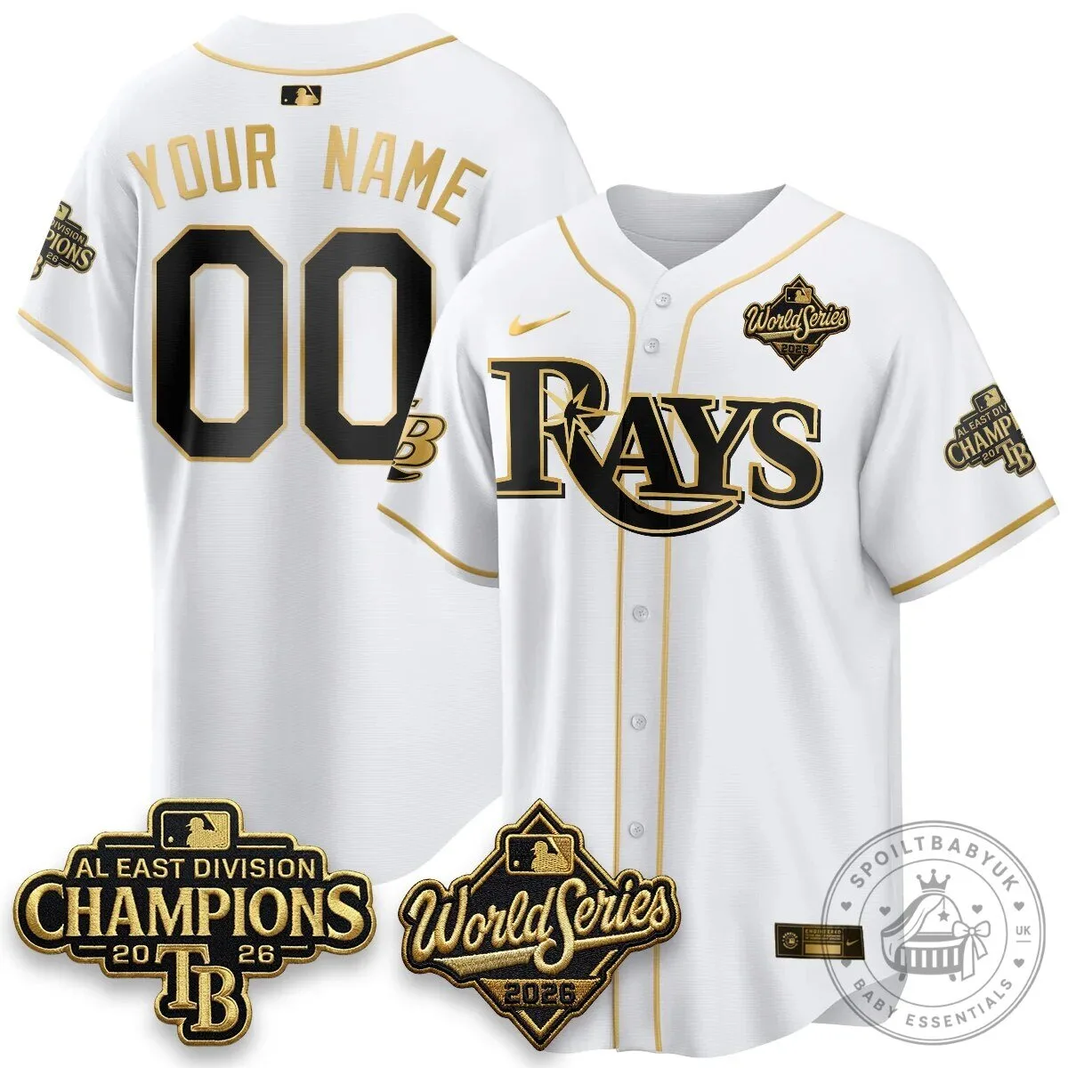 Tampa Bay Rays 2026 American League Champions White Gold Baseball Jersey 8 Tampa Bay Rays 2026 American League Champions White Gold Baseball Jersey