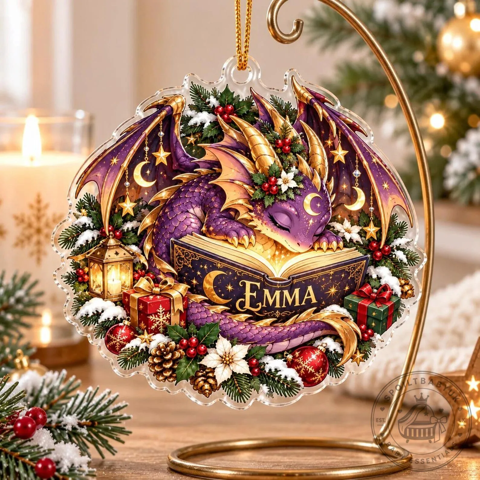 Sleeping Dragon Christmas Ornament Personalized with Name for Book Lovers