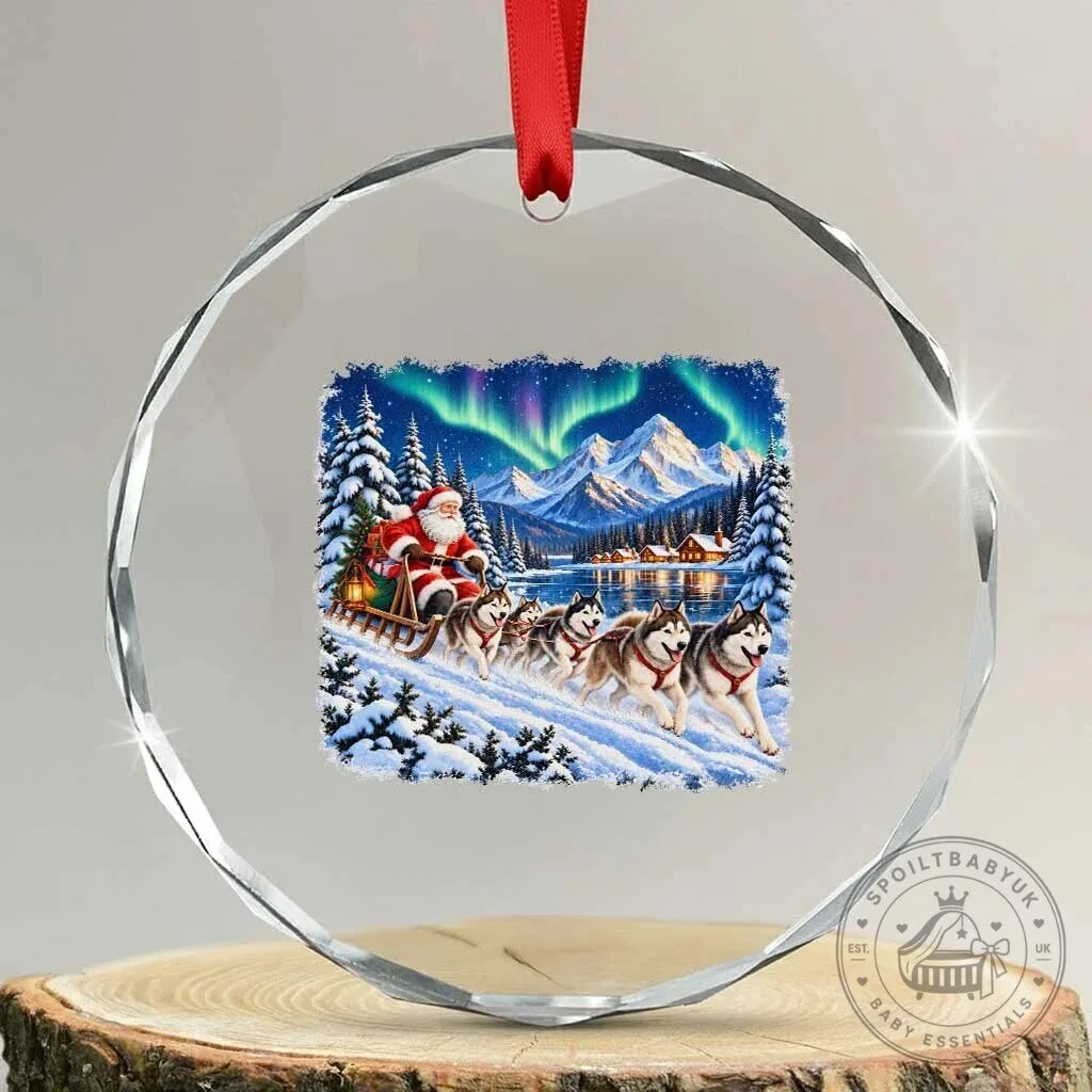 Alaskan Husky Dog Sled Santa Claus Christmas Crystal Glass Ornament