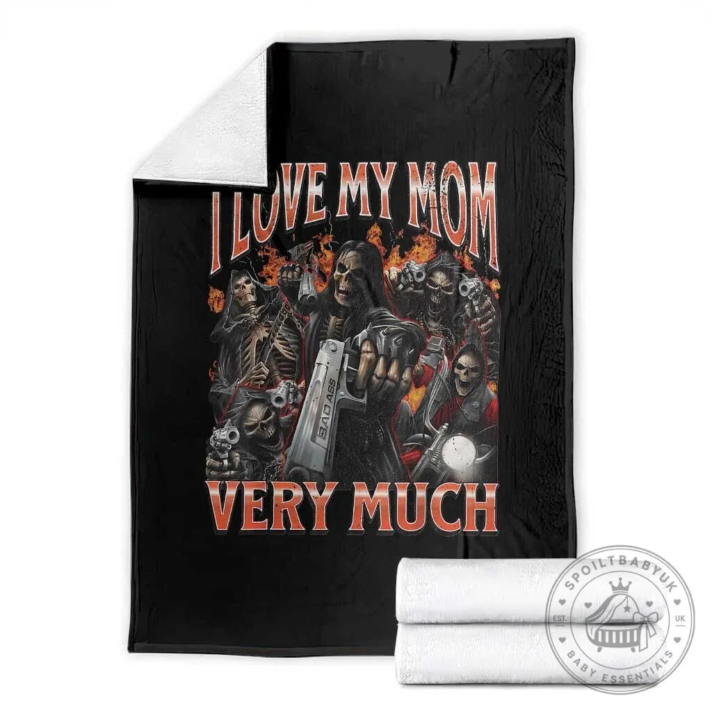 I Love My Mom Very Much Flaming Reaper Biker Graphic Throw Blanket