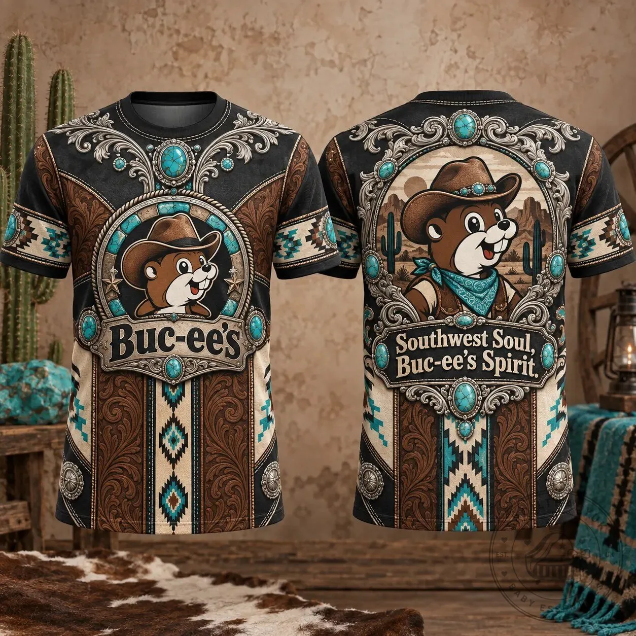 Buc-ee's Cowboy Turquoise Southwest Soul Spirit All Over Print T-Shirt 2 Buc-ee's Cowboy Turquoise Southwest Soul Spirit All Over Print T-Shirt