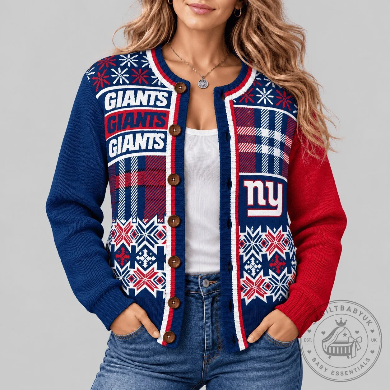 New York Giants NFL Fair Isle Plaid Knit Christmas Cardigan Sweater