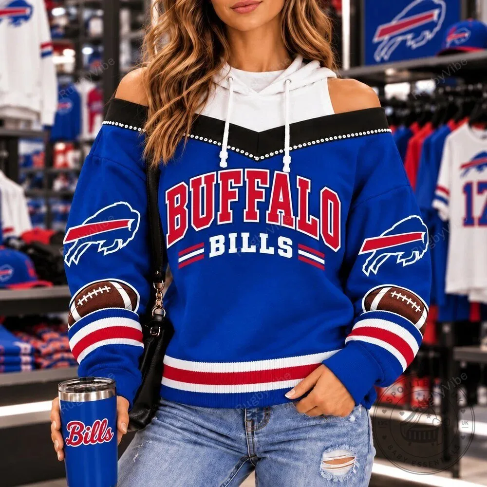 Buffalo Bills Football Team Blue Off-the-Shoulder Long-Sleeve Sweatshirt