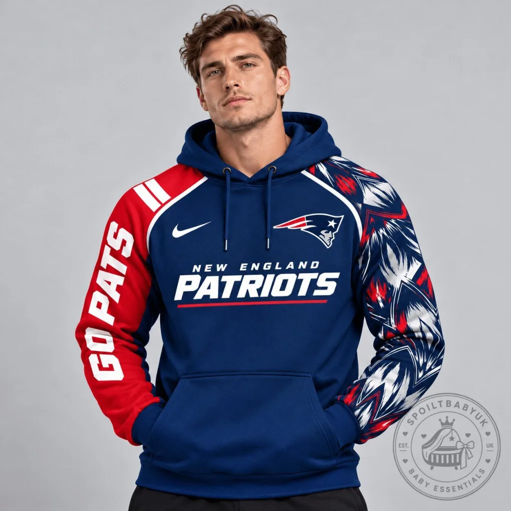 New England Patriots NFL Dynamic Brushstroke Graphic Asymmetric Sleeve Hoodie New England Patriots NFL Dynamic Brushstroke Graphic Asymmetric Sleeve Hoodie
