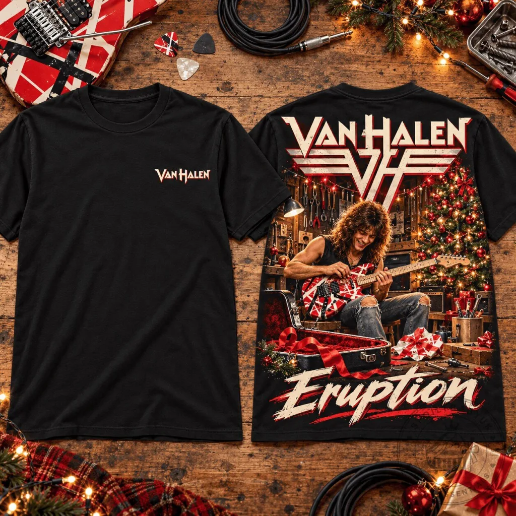 Van Halen Eruption Christmas Holiday Workshop Graphic Black T-Shirt for Rock Fans Van Halen Eruption Christmas Holiday Workshop Graphic Black T-Shirt for Rock Fans