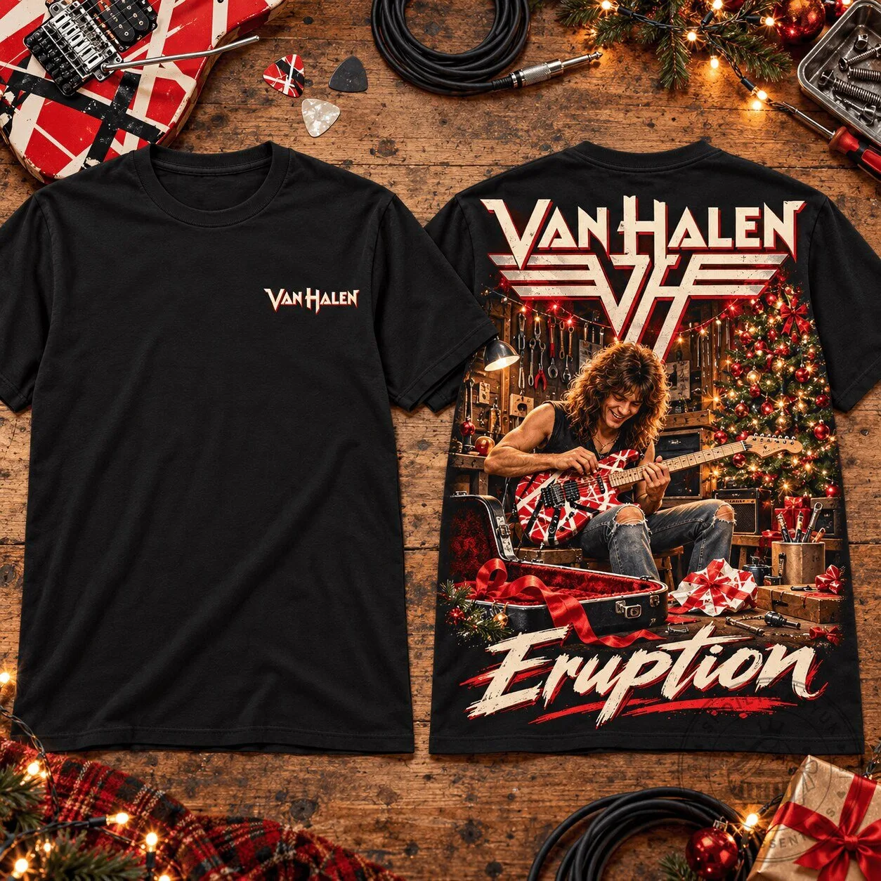 Van Halen Eruption Christmas Holiday Workshop Graphic Black T-Shirt for Rock Fans 5 Van Halen Eruption Christmas Holiday Workshop Graphic Black T-Shirt for Rock Fans