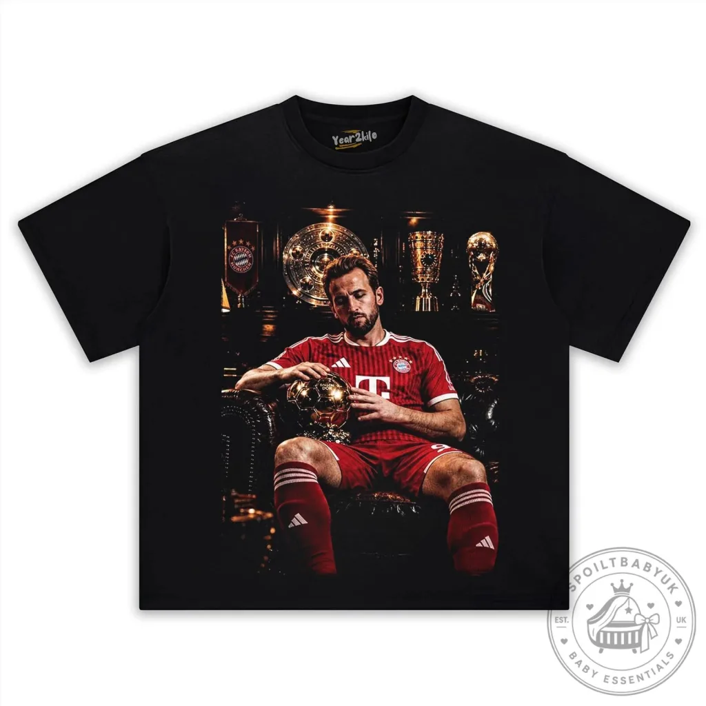 Black T-Shirt with Graphic Print of Harry Kane, Bayern Munich Football Star Black T-Shirt with Graphic Print of Harry Kane, Bayern Munich Football Star