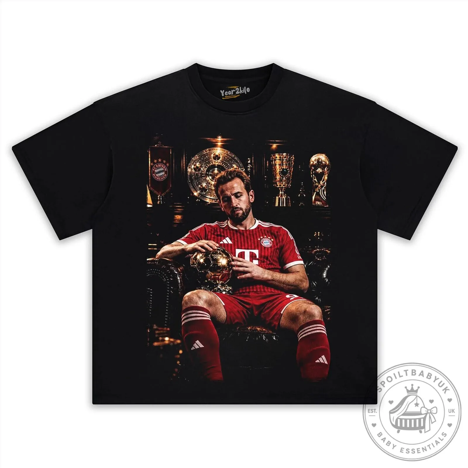 Black T-Shirt with Graphic Print of Harry Kane, Bayern Munich Football Star 1 Black T-Shirt with Graphic Print of Harry Kane, Bayern Munich Football Star